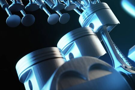 3d illustration of an internal combustion engine. Engine parts, crankshaft, pistons, fuel supply system. V6 engine pistons with crankshaft in motion. Illustration of car engine inside.の写真素材