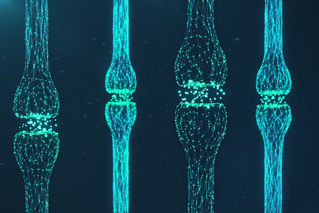 Blue glowing synapse. Artificial neuron in concept of artificial intelligence. Synaptic transmission lines of pulses. Abstract polygonal space low poly with connecting dots and lines, 3D renderingの写真素材