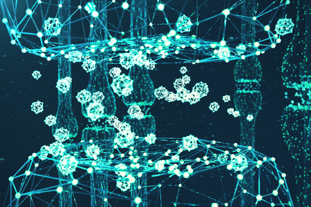 3D rendering blue glowing synapse. Artificial neuron in concept of artificial intelligence. Synaptic...