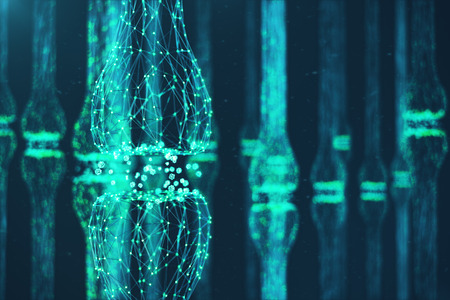 Blue glowing synapse. Artificial neuron in concept of artificial intelligence. Synaptic transmission lines of pulses. Abstract polygonal space low poly with connecting dots and lines, 3D renderingの写真素材