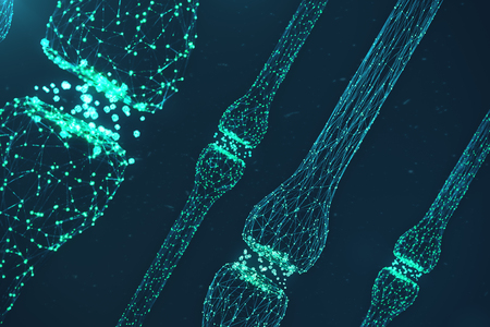 Blue glowing synapse. Artificial neuron in concept of artificial intelligence. Synaptic transmission...