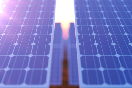 3D rendering solar power generation technology. Alternative energy. Solar battery panel modules with...