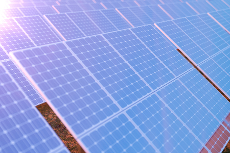 3D rendering solar power generation technology. Alternative energy. Solar battery panel modules with scenic sunset with blue sky with sun lightの写真素材