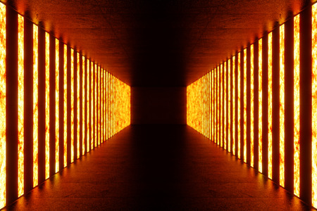 3D rendering dark Illuminated corridor of red neon light. Elegant futuristic neon light on wallの写真素材