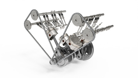 3d rendering of an internal combustion engine. Engine parts, crankshaft, pistons, fuel supply system. V6 engine pistons with crankshaft isolated on white. Illustration of car engine insideの写真素材