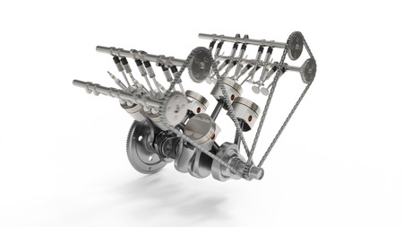 3d rendering of an internal combustion engine. Engine parts, crankshaft, pistons, fuel supply system. V6 engine pistons with crankshaft isolated on white. Illustration of car engine insideの写真素材