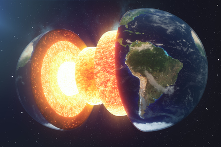 Structure core Earth. Structure layers of the earth. The structure of the earth's crust. Earth cross section in space view.の写真素材