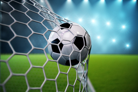 3d rendering soccer ball in goal. Soccer ball in net with spotlight and stadium light background, Success concept. Soccer ball on blue background with grass.の写真素材