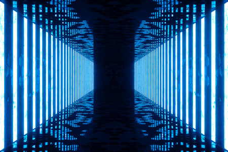 3D rendering Abstract blue room interior with blue neon lamps. Futuristic architecture background. Mock-up for your design project.の写真素材
