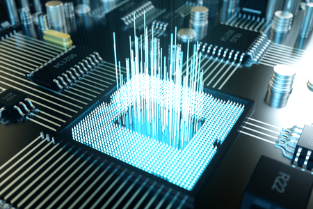 3D illustration computer chip, a processor on a printed circuit board. The concept of data transfer...