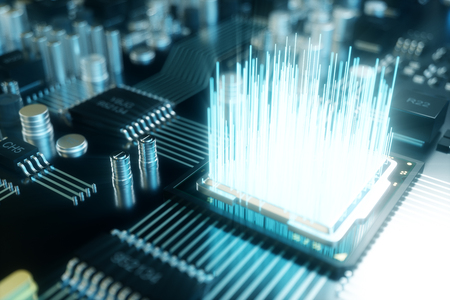 3D illustration computer chip, a processor on a printed circuit board. The concept of data transfer...