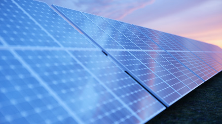 3D illustration solar power generation technology. Alternative energy. Solar battery panel modules...
