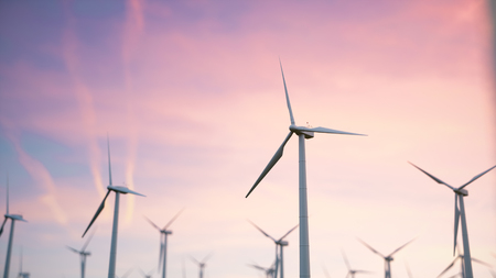 3d illustration of a beautiful, spectacular sunset on a background of wind turbines. Ecological net energyの写真素材