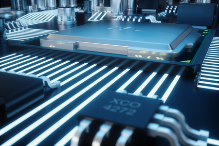 Circuit board. Technology background. Central Computer Processors CPU concept. Motherboard digital chip, tech science background. Integrated communication processor. 3D illustrationの写真素材