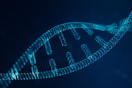 Digital DNA molecule structure. Concept binary code human genome. DNA molecule with modified genes. 3D illustrationの写真素材