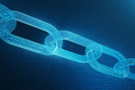 3D illustration digital block chain code. Low polygonal grid of triangles glowing in blue dot...
