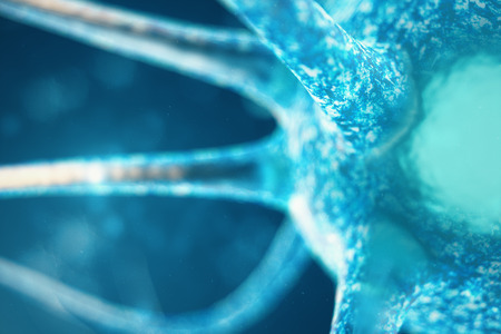 Conceptual illustration of neuron cells with glowing link knots. Neurons in brain on with focus effect. Synapse and Neuron cells sending electrical chemical signals. 3d illustrationの写真素材