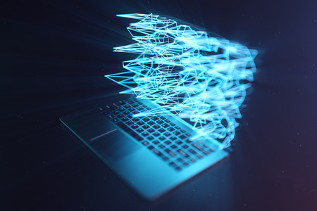 3D illustration Laptop. Laptop laptop on dark background. With a laptop screen hologram, connecting...