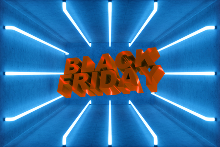 3D illustration Black Friday, sale message for shop. Business shopping store banner for Black Friday. Modern design. 3d text black friday inside the box, boxes with neon lamps with blue glow.の写真素材