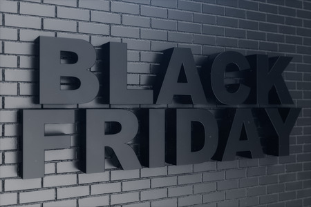 Black Friday, sale message for shop, big discount. Black Friday banner on brick wall. Banner for black friday sales. Huge discounts, promotions, coupons, 3D illustrationの写真素材