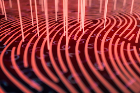 3D illustration Fingerprint scan provides security access with biometrics identification. Concept fingerprint hacking, threat. Finger print with binary code. Concept of digital security.の写真素材