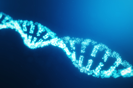 Artifical intelegence DNA molecule. DNA is converted into a digital code. Digital code genome. Abstract technology science, concept artifical Dna. DNA consisting particle, dots, 3D illustrationの写真素材