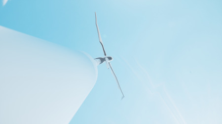 Close-up wind turbine generating electricity bottom view, view from under the water. Clean energy, wind energy, ecological concept, 3d illustrationの写真素材