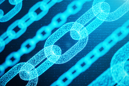 3D illustration digital block chain code. Chain links network. Low polygonal grid of triangles glowing in blue dot network, abstract background. Concept of Network, internet communication.の写真素材