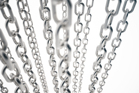 3D illustration metal chains. Metal, steel chains isolated on white background. Metal chains for industrial. Strong link concept. Background of metal chains for your layout, template design, text.の写真素材