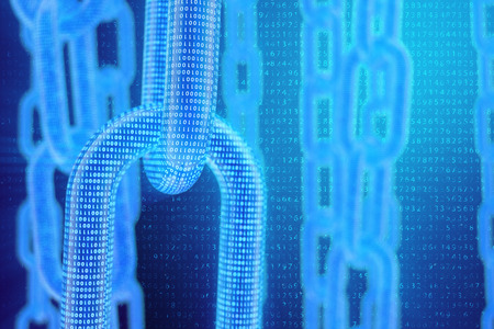 3D illustration digital blockchain code. Chain links network. Binary code on the background. Concept of Network, cryptocurrencies internet communication. Binary code on chains. Innovative technologiesの写真素材