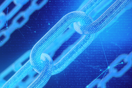 3D illustration digital blockchain code. Chain links network. Binary code on the background. Concept...