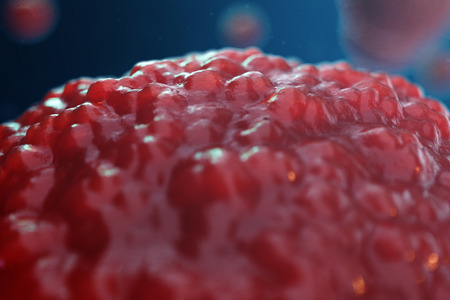 3D illustration egg cells embryo. Embryo cells with red nucleus in center. Human or animal egg cells. Medicine scientific concept. Development living organism at the cellular level under microscope.の写真素材