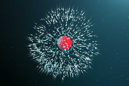 3D illustration sperm and egg cell, ovum. Sperm approaching egg cell. Native and natural fertilization. Conception the beginning of a new life. Ovum with red core under the microscope, movement spermの写真素材