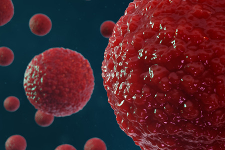 3D illustration egg cells embryo. Embryo cells with red nucleus in center. Human or animal egg cells. Medicine scientific concept. Development living organism at the cellular level under microscope.の写真素材