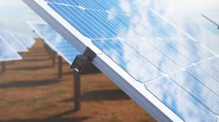 3D illustration Solar Panels. Alternative energy. Concept of renewable energy. Ecological, clean energy. Solar panels, photovoltaic with reflection beautiful blue sky. Solar panels in the desertの写真素材