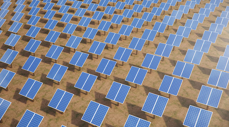 3D illustration Solar Panels. Alternative energy. Concept of renewable energy. Ecological, clean energy. Solar panels, photovoltaic with reflection beautiful blue sky. Solar panels in the desertの写真素材