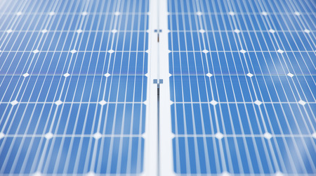 3D illustration solar Panels close-up. Alternative energy. Concept of renewable energy. Ecological, clean energy. Solar panels, photovoltaic with reflection beautiful blue sky.の写真素材