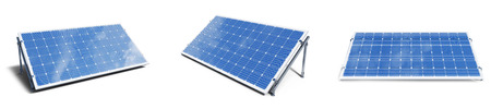 3D illustration solar panels isolated on white background. Set solar panels with reflection beautiful blue sky. Concept of renewable energy. Ecological, clean energy. Eco, green energy. Solar cells.の写真素材