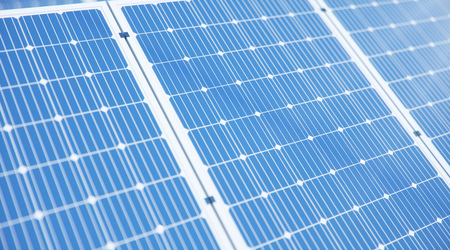 3D illustration Solar Panels. Alternative energy. Concept of renewable energy. Ecological, clean energy. Solar panels, photovoltaic with reflection beautiful blue sky. Green energy. Solar cellsの写真素材