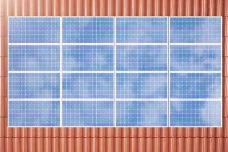 3D illustration solar panels on a red roof of a house. Solar panels with reflection beautiful blue sky. Concept of renewable energy. Ecological, clean energy. Green energy. Photovoltaic Solar cellsの写真素材