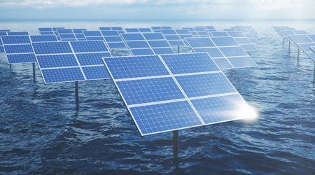 3D illustration solar panels in the sea or ocean. Alternative energy. Concept of renewable energy....