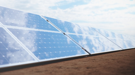 3D illustration Solar Panels. Alternative energy. Concept of renewable energy. Ecological, clean energy. Solar panels, photovoltaic with reflection beautiful blue sky. Solar panels in the desertの写真素材