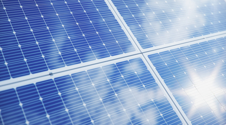 3D illustration solar Panels close-up. Alternative energy. Concept of renewable energy. Ecological, clean energy. Solar panels, photovoltaic with reflection beautiful blue sky.の写真素材