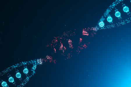 3D illustration Virus DNA molecule, structure. Concept destroyed code human genome. Damage DNA molecule. Helix consisting particle, dots. DNA destruction due to gene mutation or experiment.の写真素材
