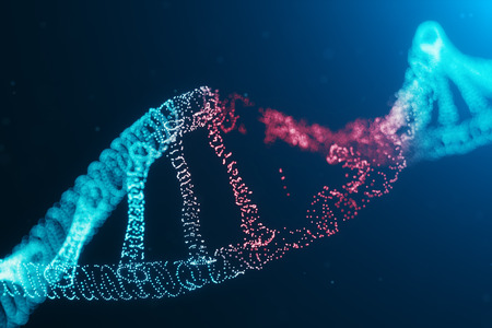 3D illustration Virus DNA molecule, structure. Concept destroyed code human genome. Damage DNA molecule. Helix consisting particle, dots. DNA destruction due to gene mutation or experiment.の写真素材