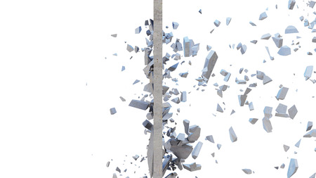 Concrete wall shatters into thousands of small pieces. Cracked earth, abstract background. Explosion, destruction, broken, concrete wall. Isolated on white background, 3D Renderingの写真素材