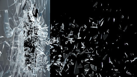 Abstract broken glass into pieces. Wall of glass shatters into small pieces. Place for your banner, advertisement. Explosion caused the destruction of glass. 3d illustrationの写真素材