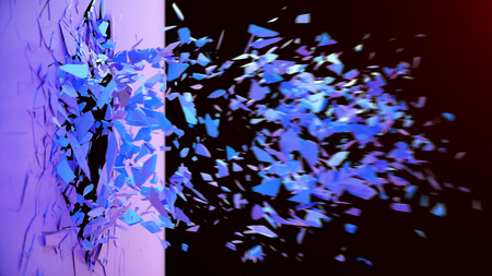 Broken wall dark pastel-violet color. Wall shatters into thousands of small pieces. Abstract...