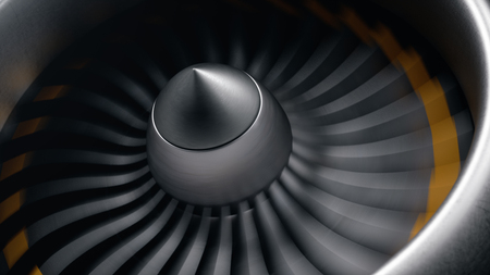 Jet engine, close-up view blades. Engine blades at the ends painted orange. Jet engine blades in...