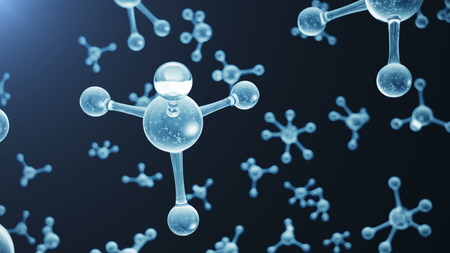 3D rendering molecule structure. Scientific medical background with atoms and molecules. Blue background. Seamless scientific background, looped animation. Molecule consists of atoms chemical element.の写真素材